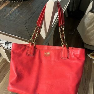 Coach Red Leather Tote with Gold Chain Accents